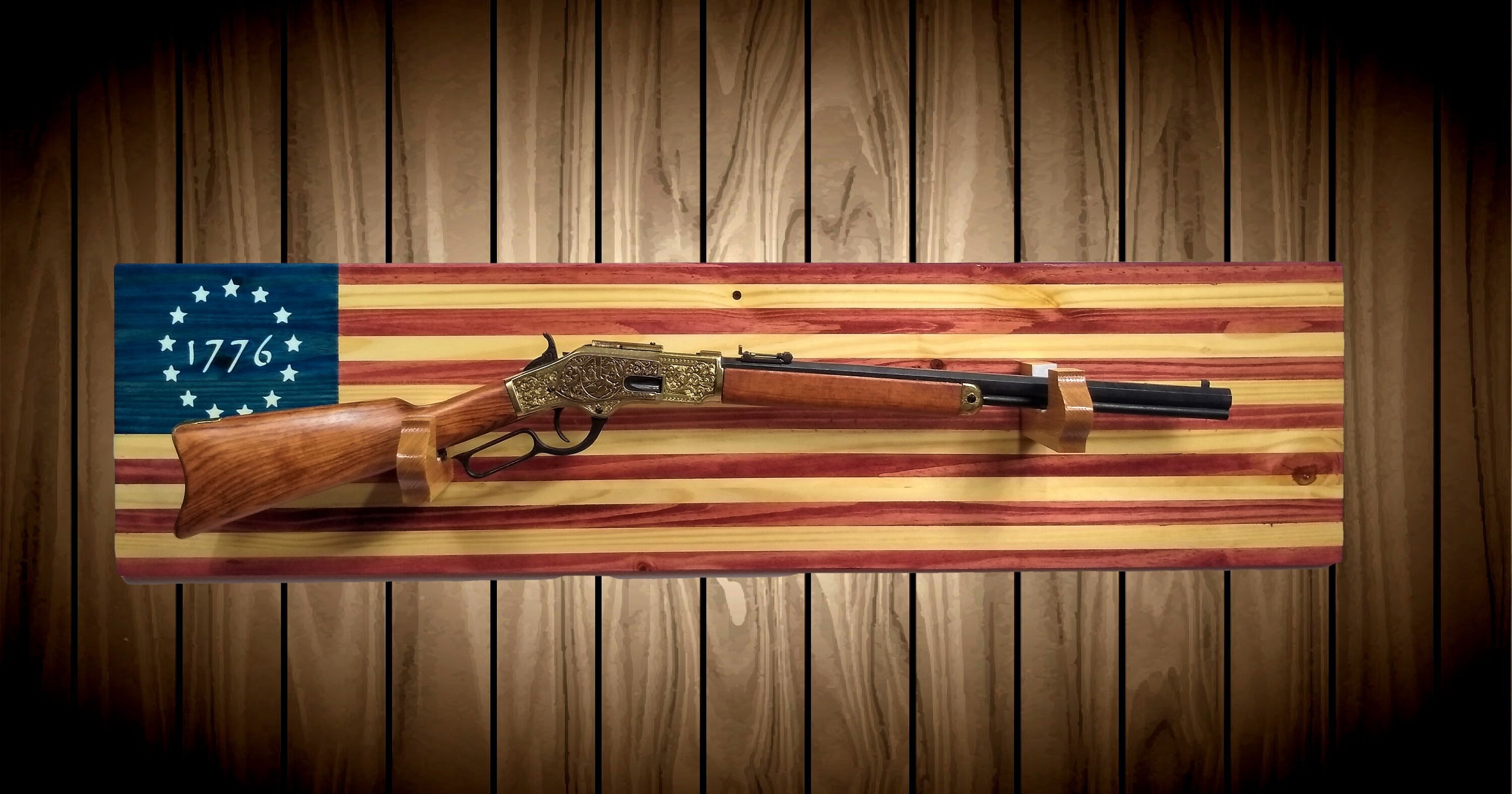 Betsy Ross 1776 American Flag Gun Rack, Knotty Pine Wall Mount, Rifle Shotgun, Handmade