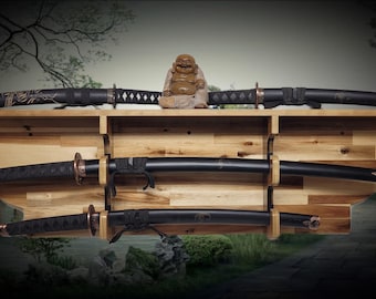 Traditional 2 Tier Acacia Katana Wall Display with Deep Shelf Dojo Collectors Gift