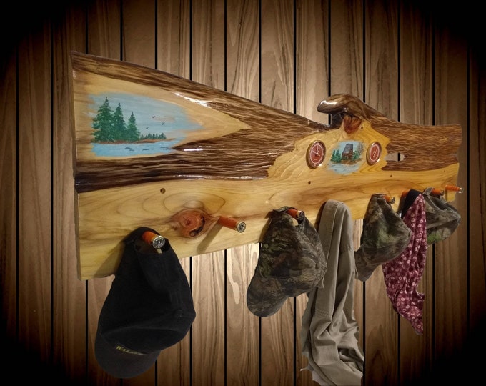 Rustic Hand Painted Coat Rack Orange Clock Thermometer Shotgun Shell Pegs Gift