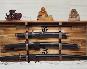 3-Tier Acacia Wall Display for Samurai Katana Deep Shelf Dojo Collectors Gift