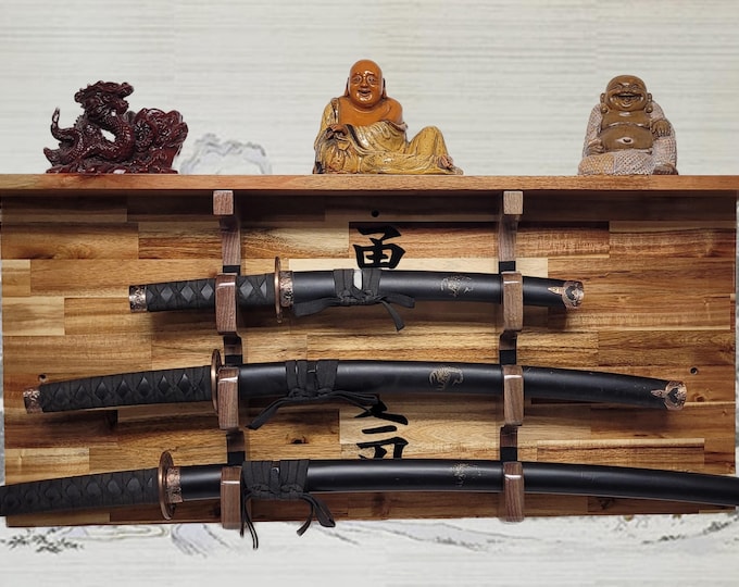 3-Tier Acacia Wall Display for Samurai Katana Deep Shelf Dojo Collectors Gift