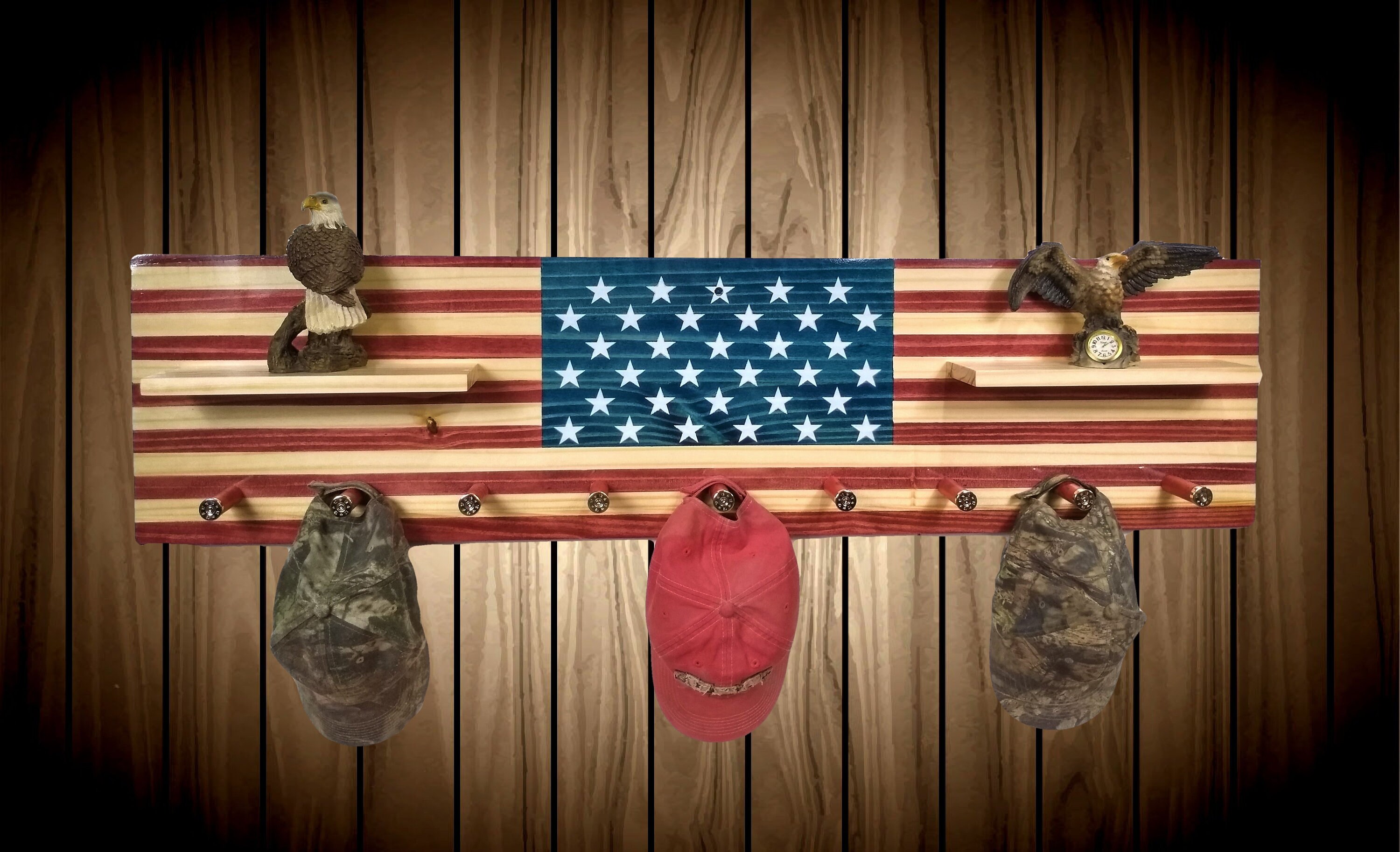 American Flag Coat Rack Shelf Wall Hanging 9 Shotgun Shell Pegs
