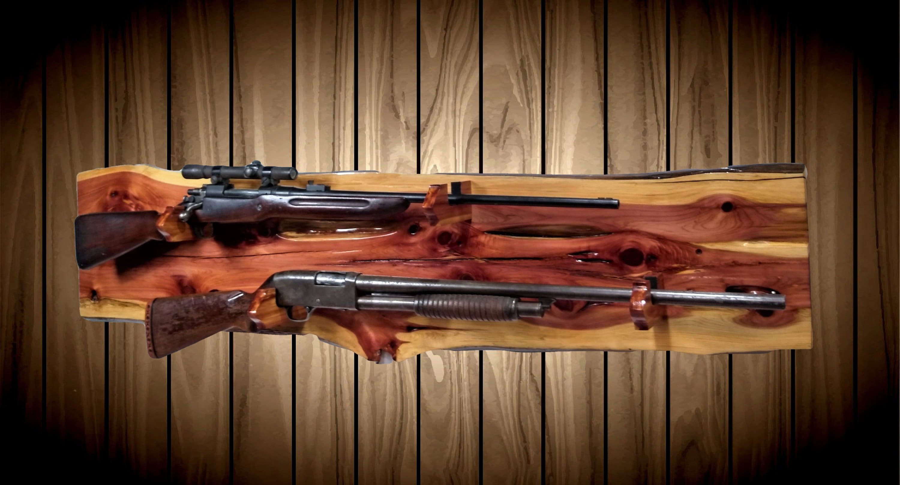 Rustic Raw Nature 2 Place Gun Rack, Wall Mount, Live Edge Knotty Cedar