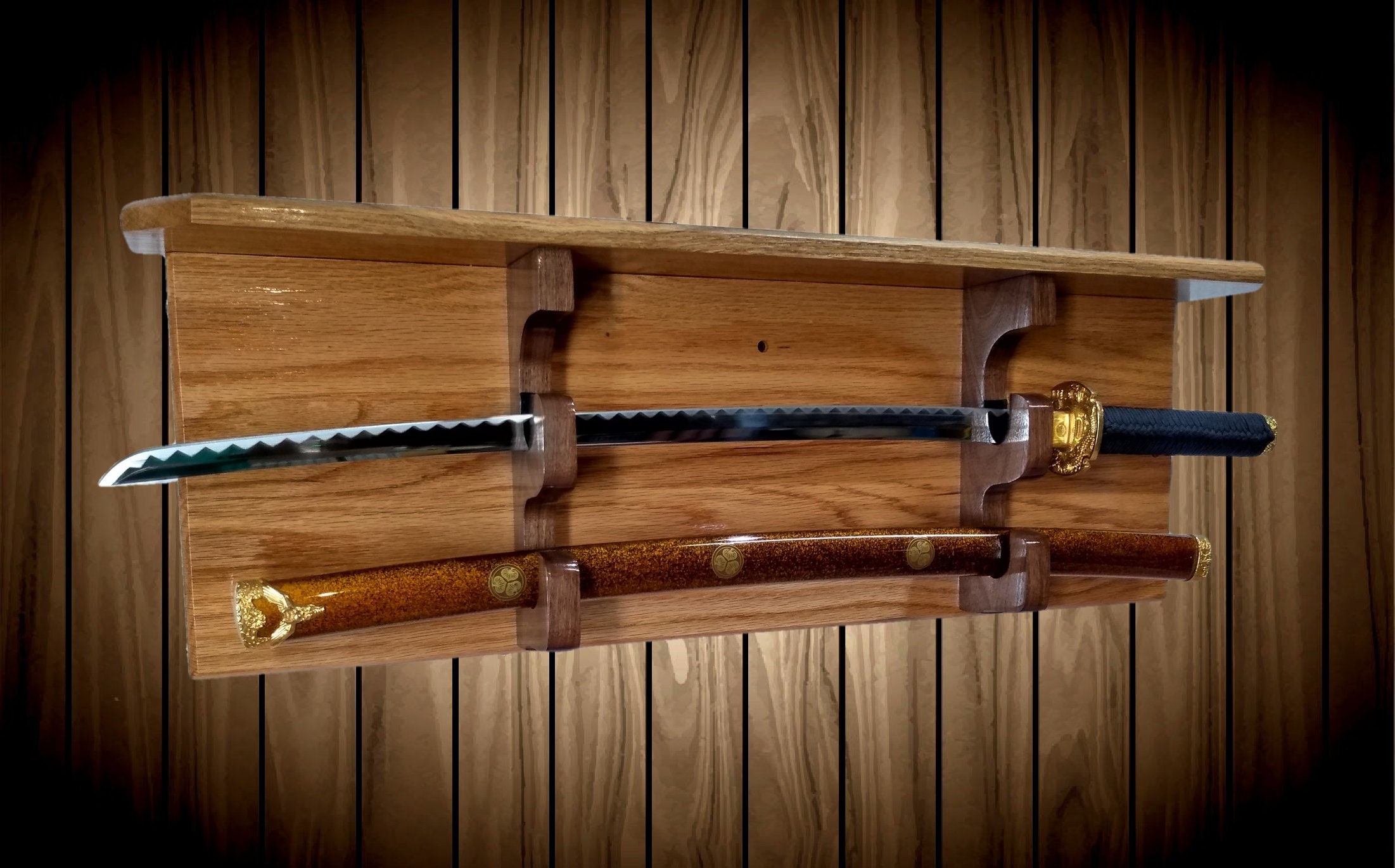 Sword Display Rack w/Shelf, Wood Wall Mount, Solid Oak 
