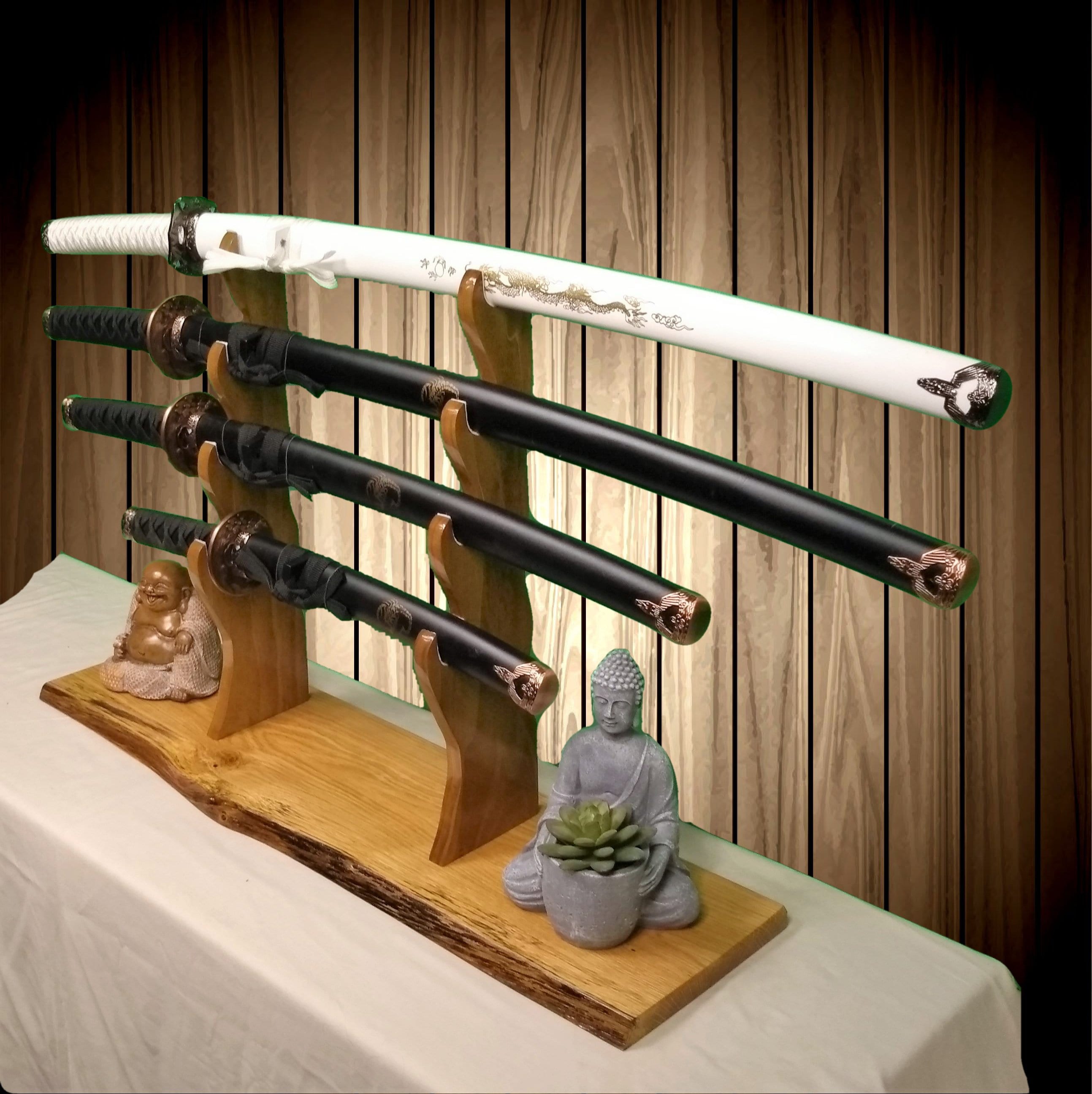 Rustic 4 Tier Sword Stand Display Oak Base Katana Wakizashi Tanto