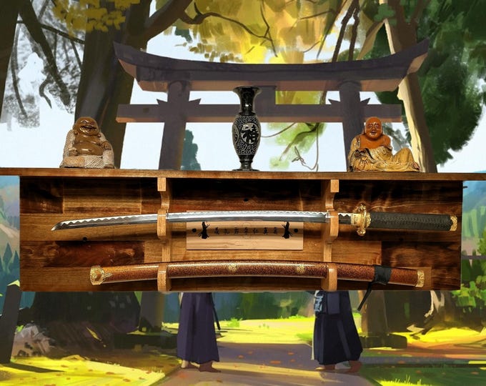 Katana Sword Rack Wall Display Samurai Code with Deep Shelf Dojo Collectors Gift