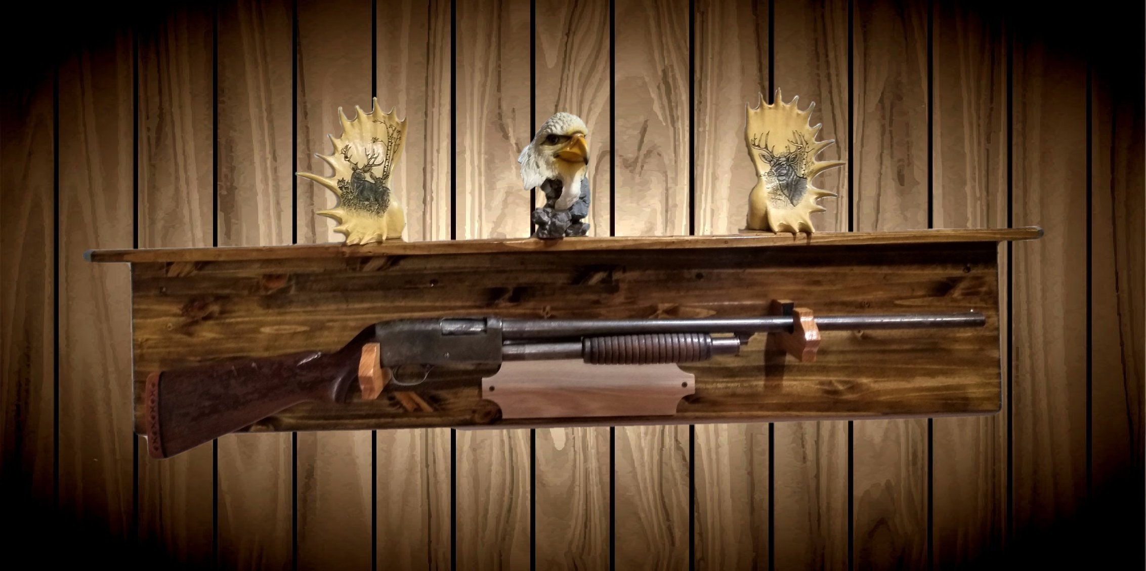 Personalized Gun Rack, Traditional Wood Wall Display with Shelf, (Your Name Here). Rifle Shotgun