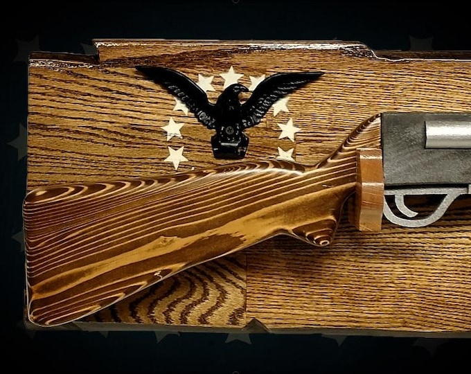 Rustic 13 White Star Eagle Shotgun Display Faux Live Edge Gun Rack Cabin Oak Décor Collectors Gift