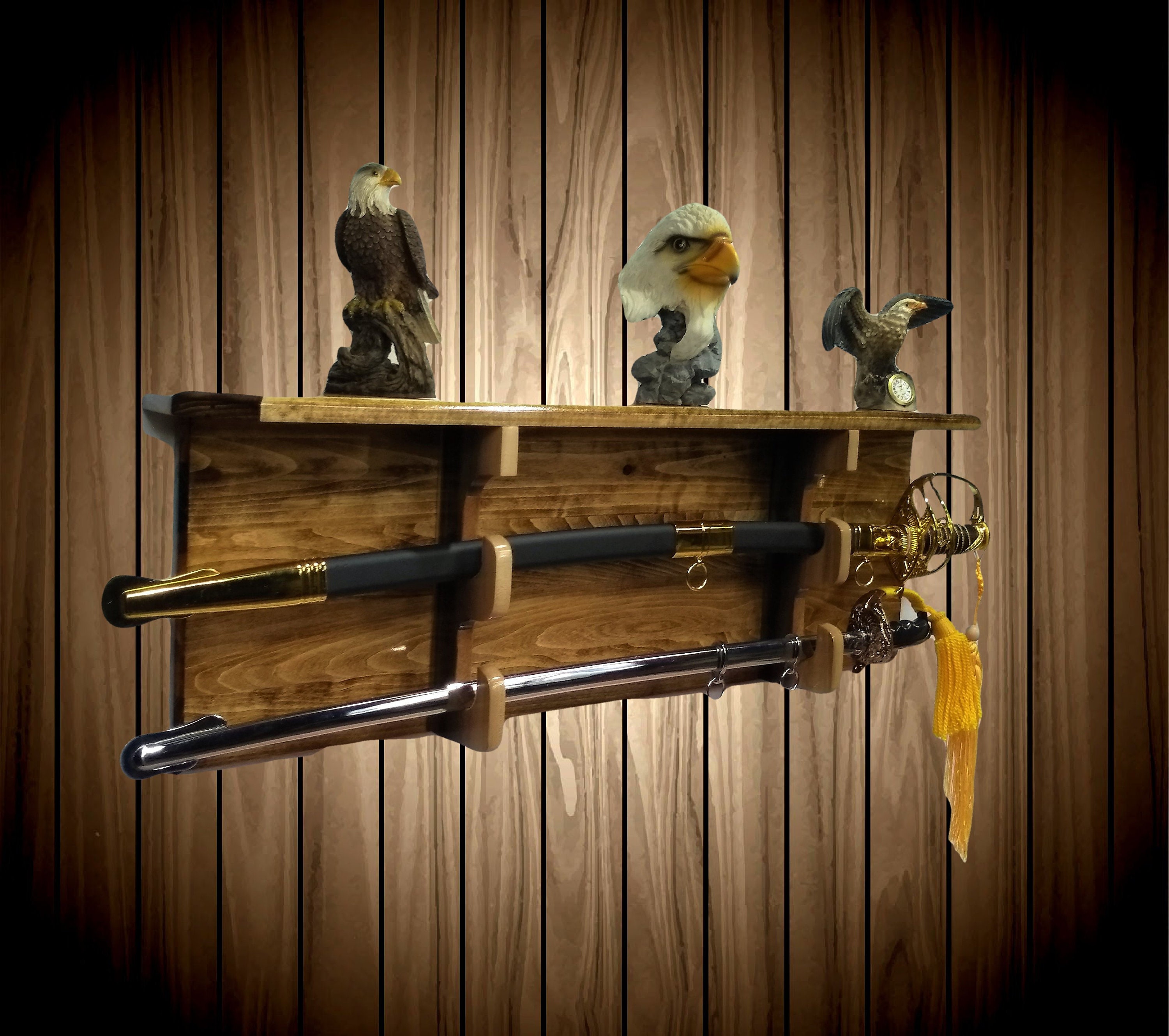 Sword Display Rack w/Shelf, Aspen Wood Wall Mount, Walnut Finish, Military Saber, Katana Samurai