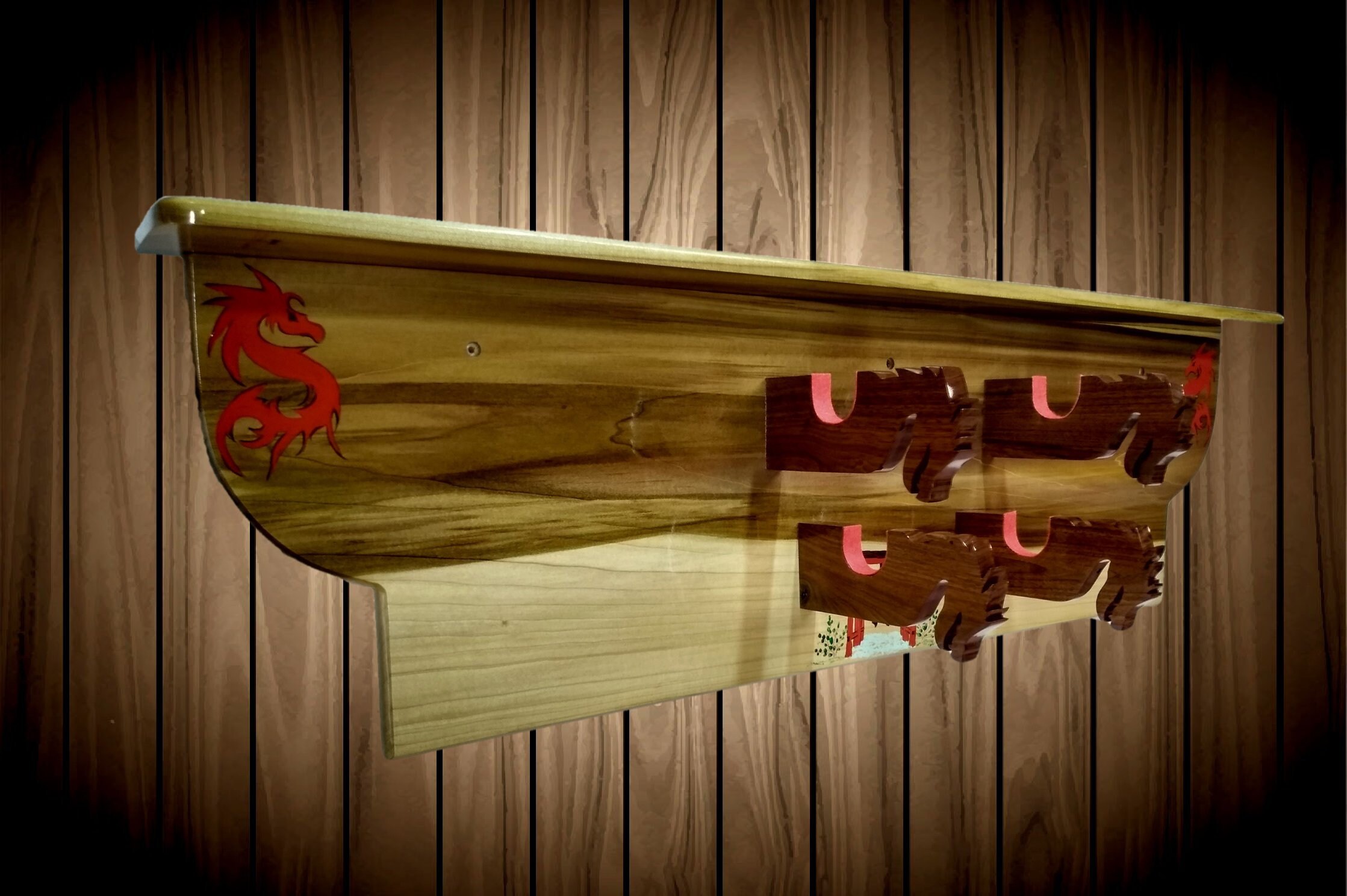 2 Place Sword Holder Wall Mount Samurai Katana Display Shelf Dragon Hangers Hand Painted Gift