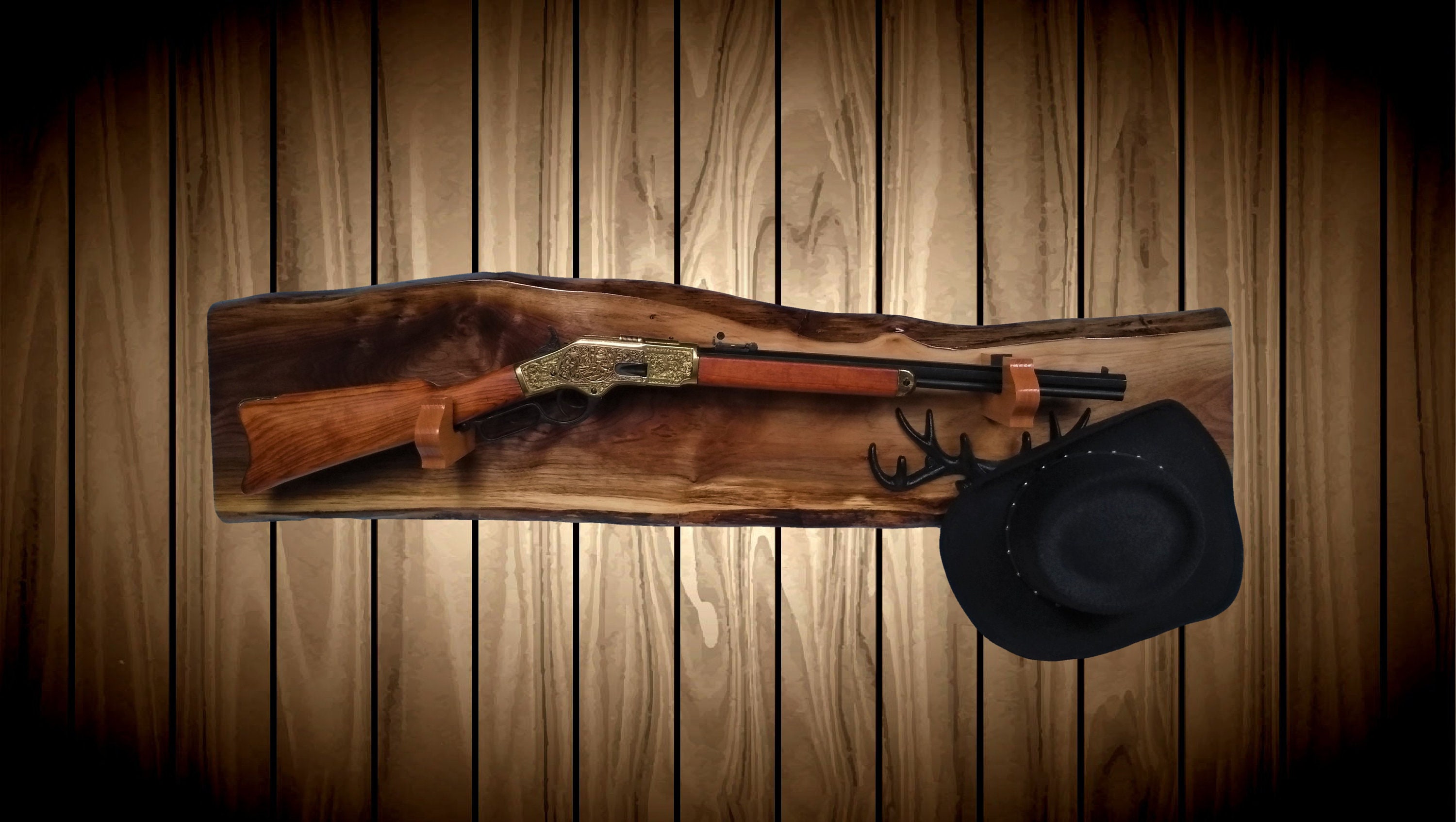 Rustic Wild Walnut Gun Rack, Oak Hangers, Wall Mount, Rifle Shotgun