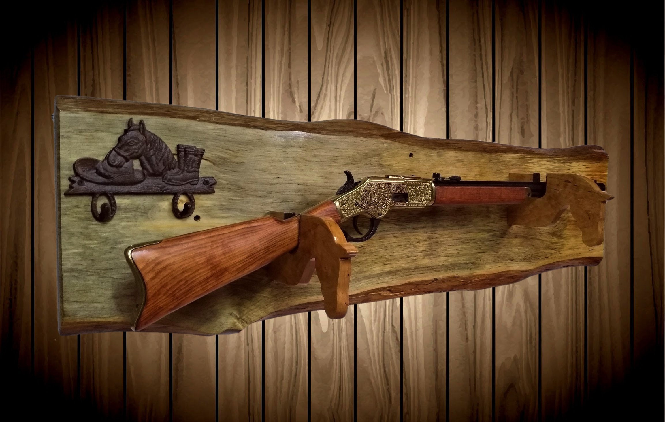 Rustic Gun Rack, Live Edge Knotty Pine, Cast Iron Horse Decor, Cherry