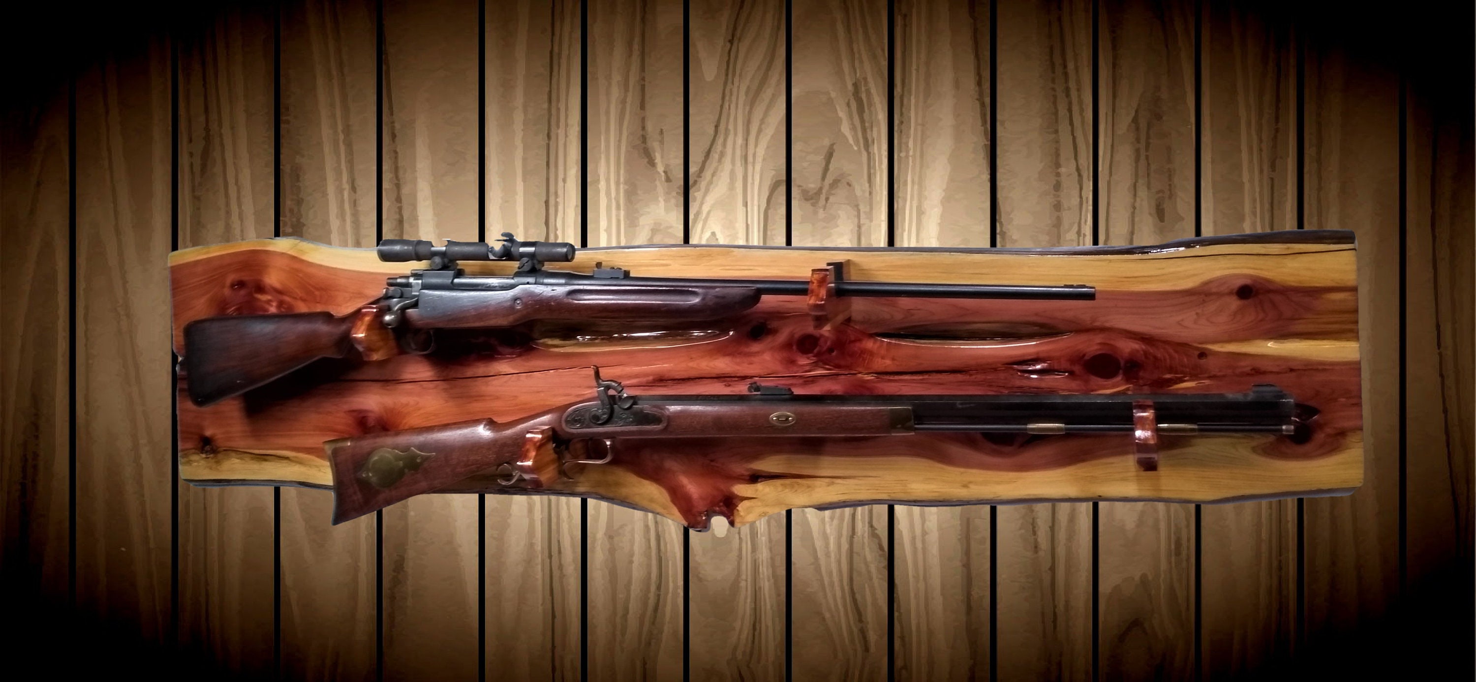 Rustic Raw Nature 2 Place Gun Rack, Wall Mount, Live Edge Knotty Cedar