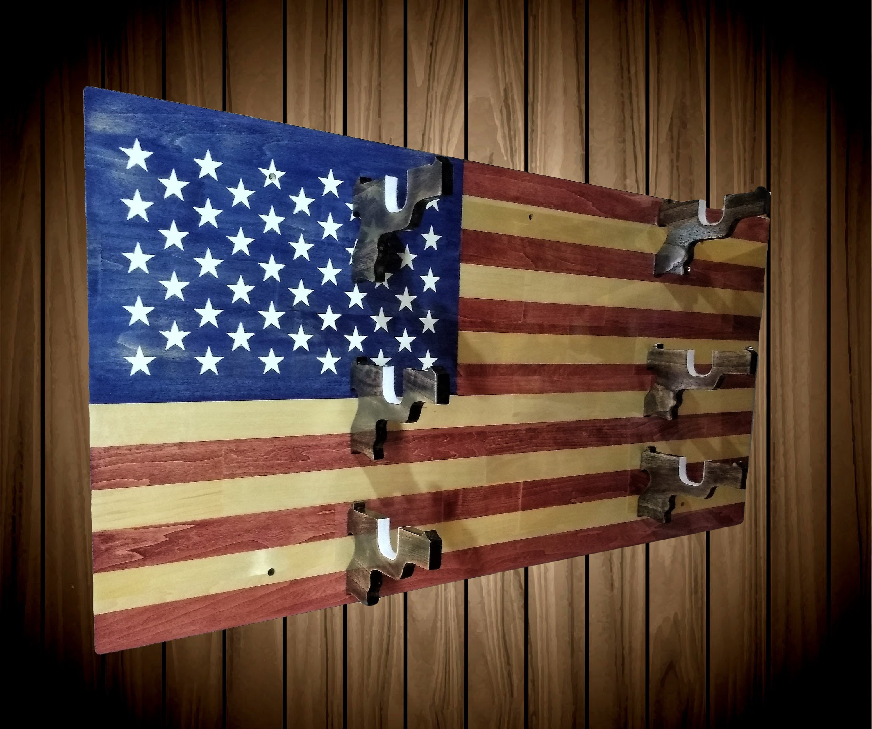 American Flag Patriotic 3 Gun Rack Pistol Hangers Aspen Wood Wall Mount