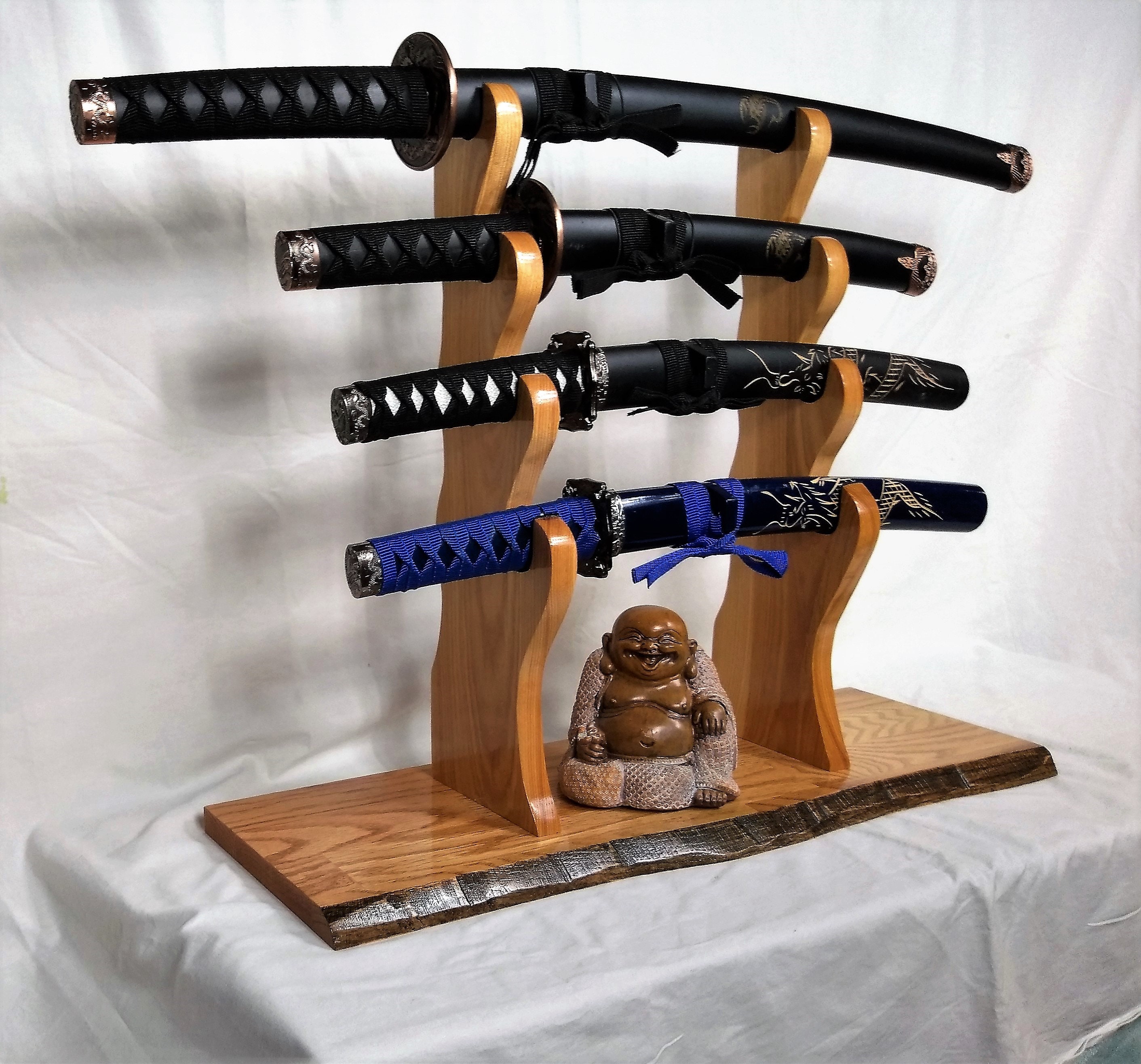 Rustic Katana Wakizashi Tanto Samurai Sword Display 4 Tier Oak Mantel Desk Top Japanese Samurai
