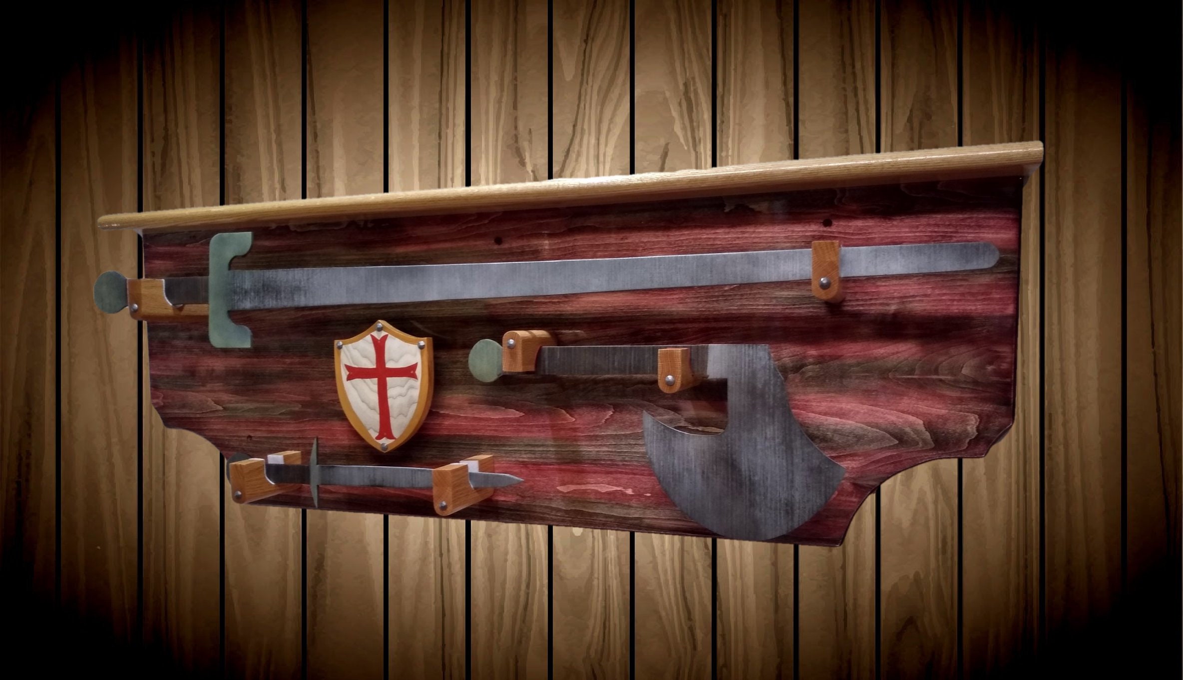 Custom 3 Piece Templar Weapons Display with Shelf and Shield. Crusaders