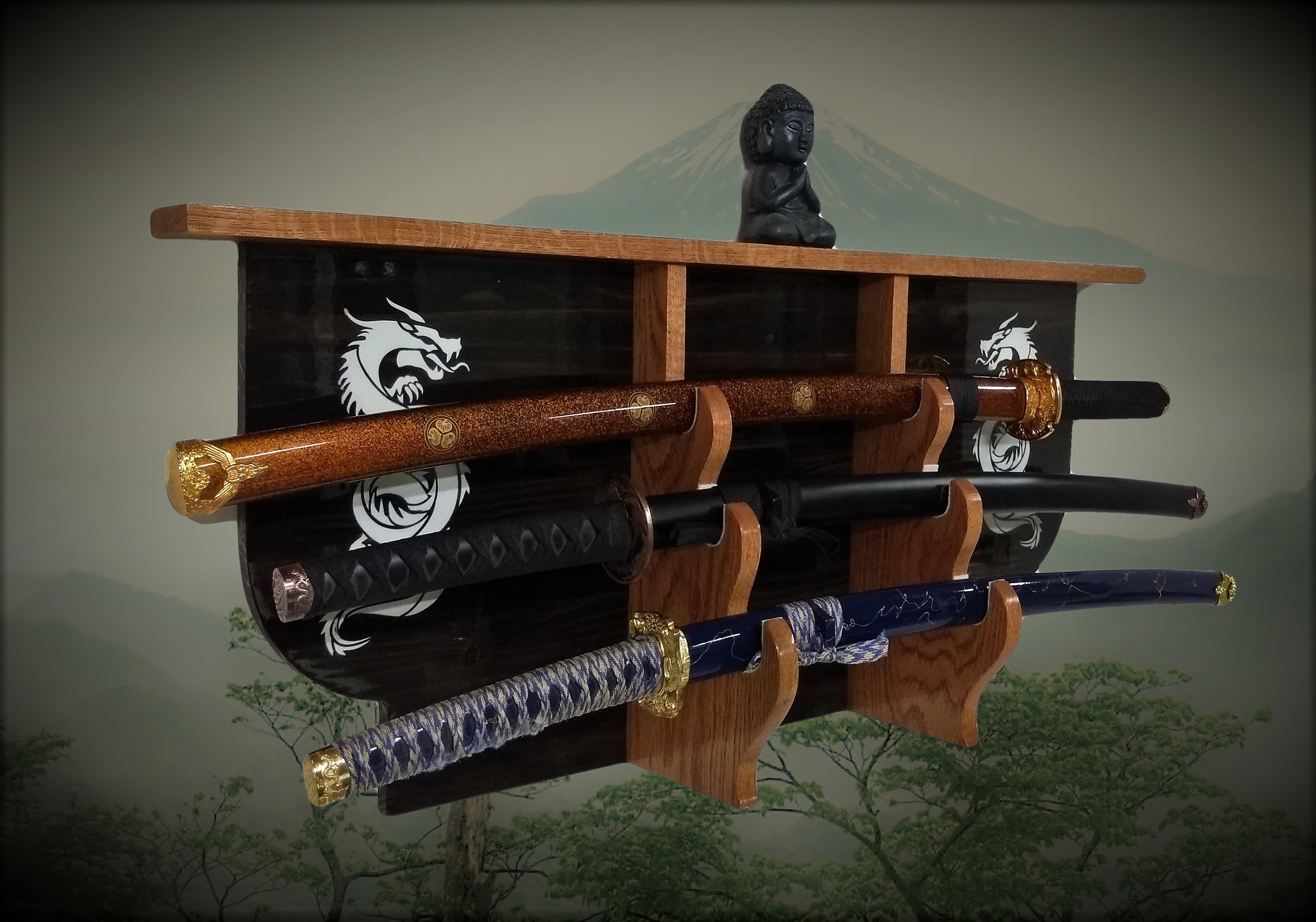 Rustic 3 Tier Dragon Sword Display Rack and Shelf Katana Wakizashi Tanto Samurai Vintage Bushido