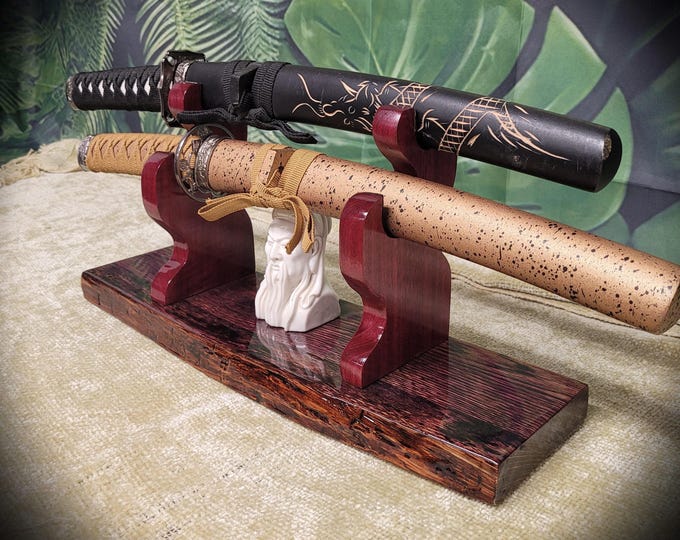 Rustic Live Edge 2 Tier Swamp Oak Purpleheart Kbar Samurai Military Display Gift
