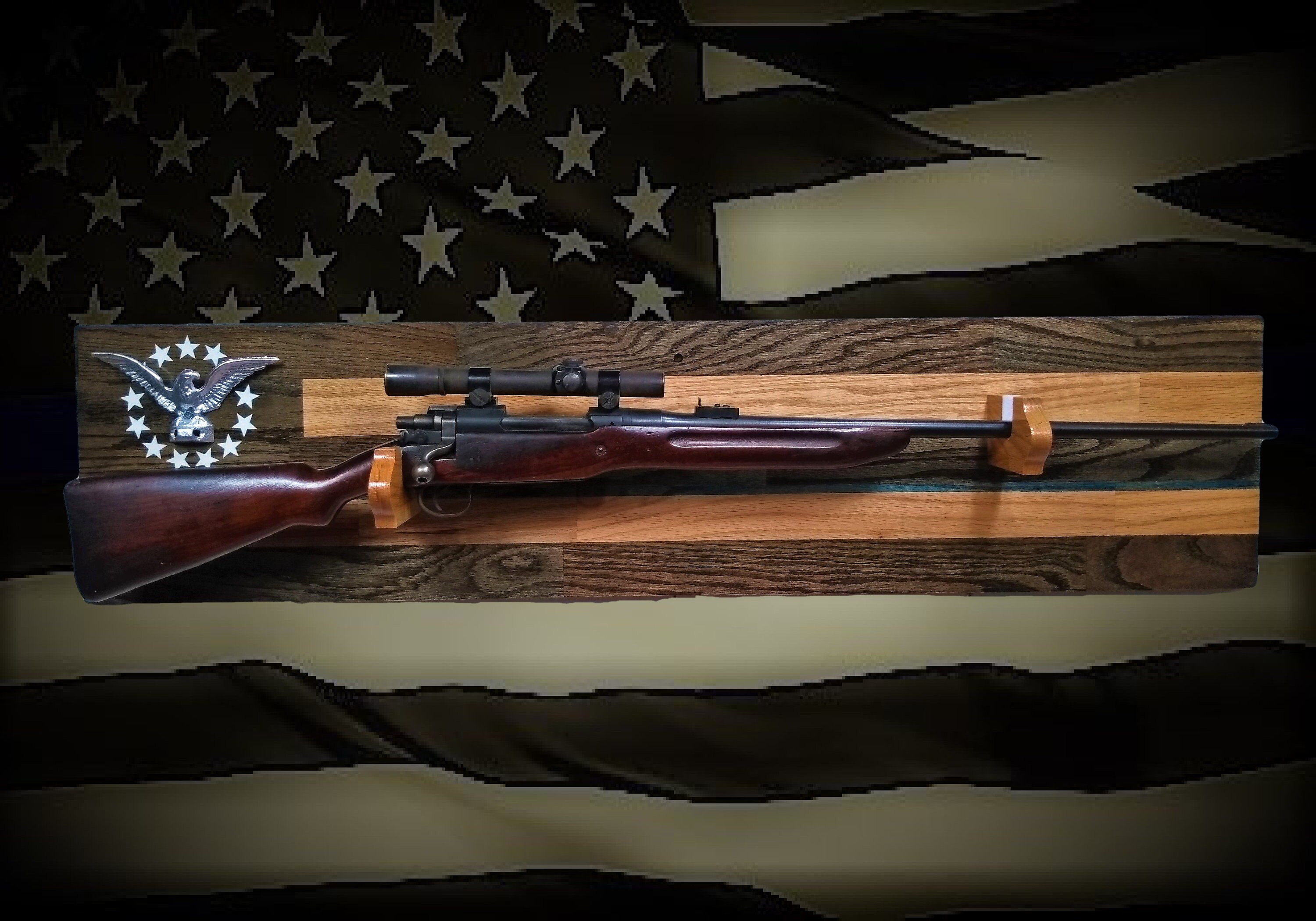 Rustic Oak Thin Blue Line Gun Rack Silver Eagle Wall Mount Rifle