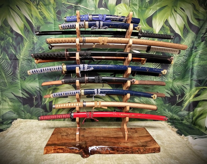 Live Edge 17 Tier Spalted Exotic Maple Katana Wakizashi Sword Stand Display Dojo Martial Arts Collectors Gift
