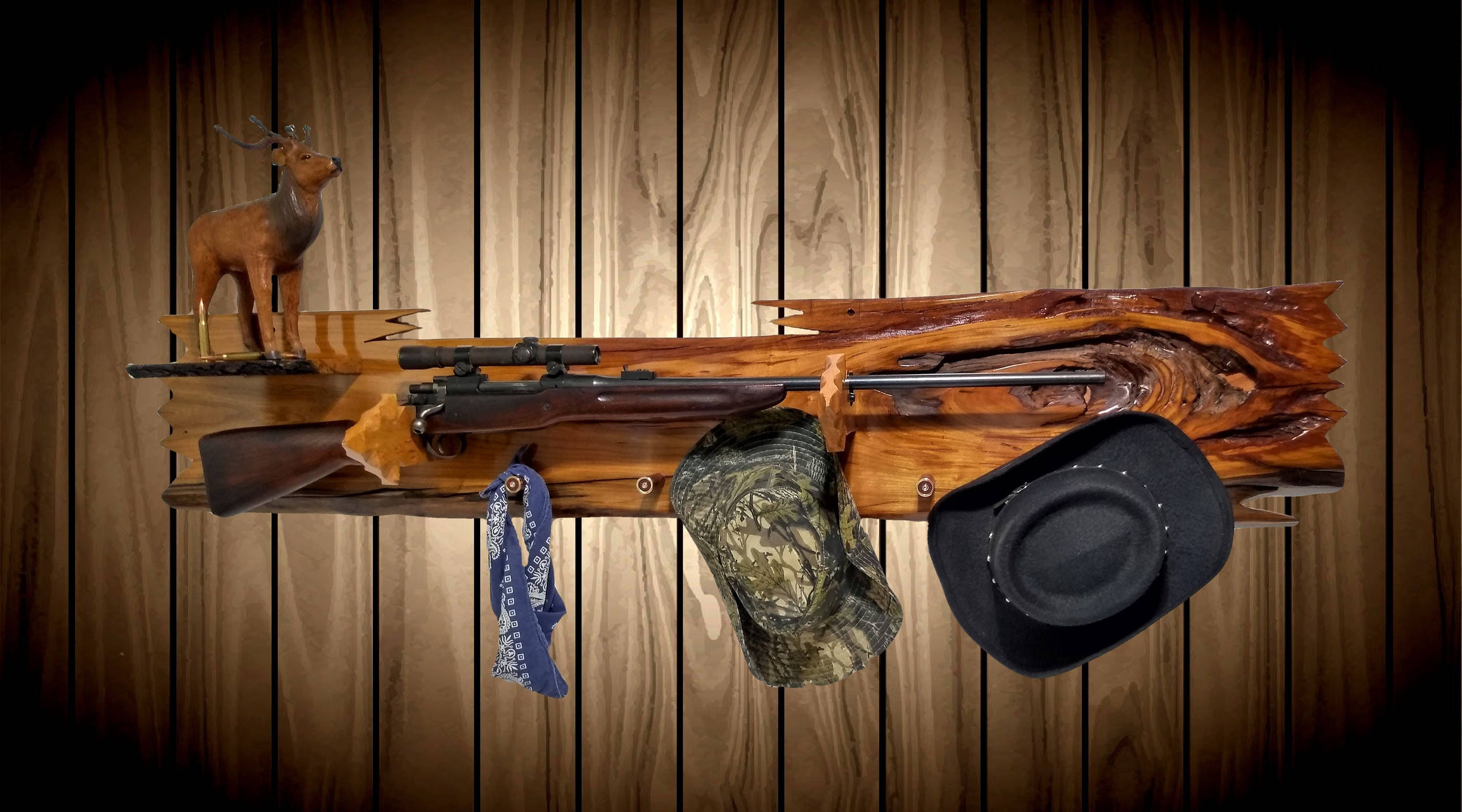Rustic Live Edge Cherry Gun Rack Wall Mount Arrowhead Hangers Shelf