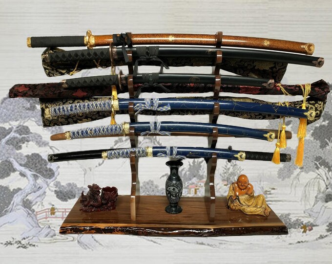 Rustic Double Sided 11 Tier Dark Walnut Sword Stand Katana Wakizashi Tanto Sword Display Stand Japanese Samurai