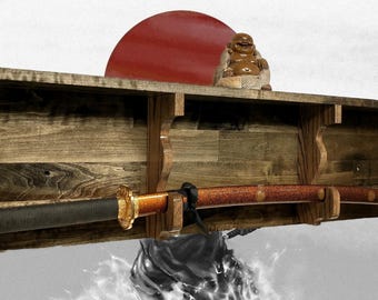 Rustic Sword Display for Military or Samurai with Deep Shelf Collectors Gift