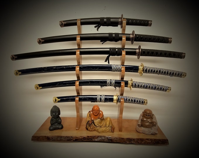 Samurai Katana Display | Solid 6 Tier Live Edge Cherry Hickory | Rustic Sword Stand | Mantel Desk Top Japanese Décor