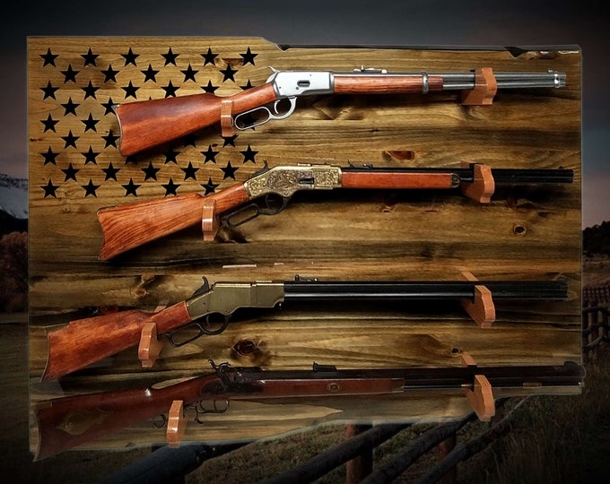 Rustic Unique 4 Place Lever Action Display Knotty Pine 50 Black Star Patriotic Collectors Gift