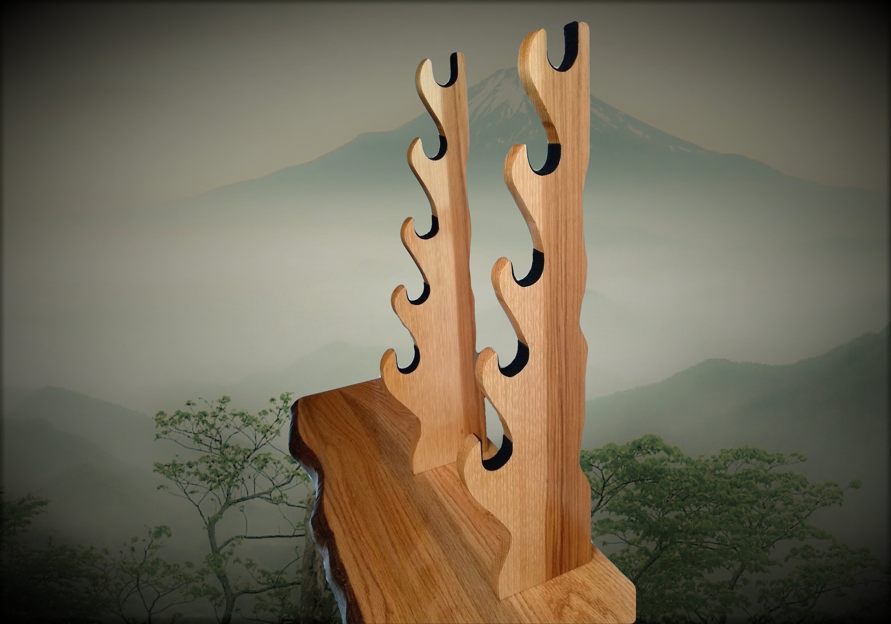 Solid Rustic Oak Katana Sword Stand, Hickory Holders, Mantel Desk Top