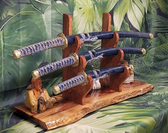 Rustic Live Edge 3 Tier Red Cedar Cherry Samurai Sword Stand Collector Gift