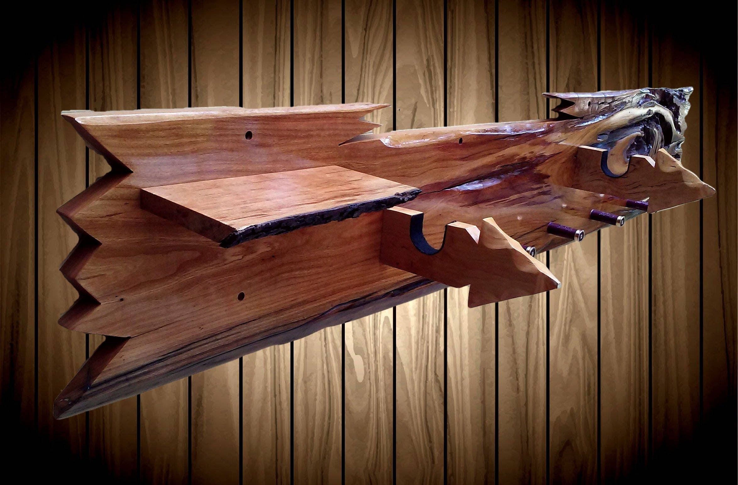 Rustic Live Edge Cherry Wood Wall Gun Rack Shelf Shotgun Shell Hat Coat