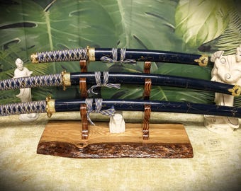 Rustic Live Edge 3 Tier Oak Zebra Wood Sword Display Stand Perfect Gift for Samurai Collectors