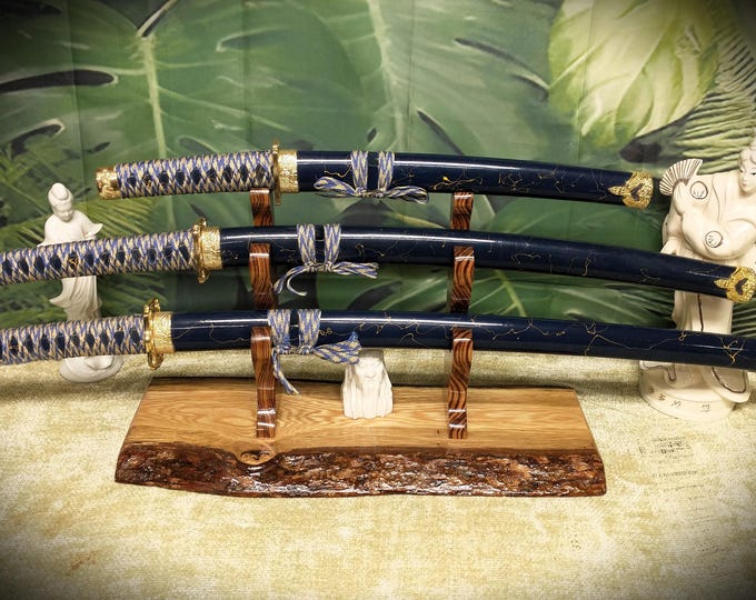 Rustic Live Edge 3 Tier Oak Zebra Wood Sword Display Stand Perfect Gift for Samurai Collectors