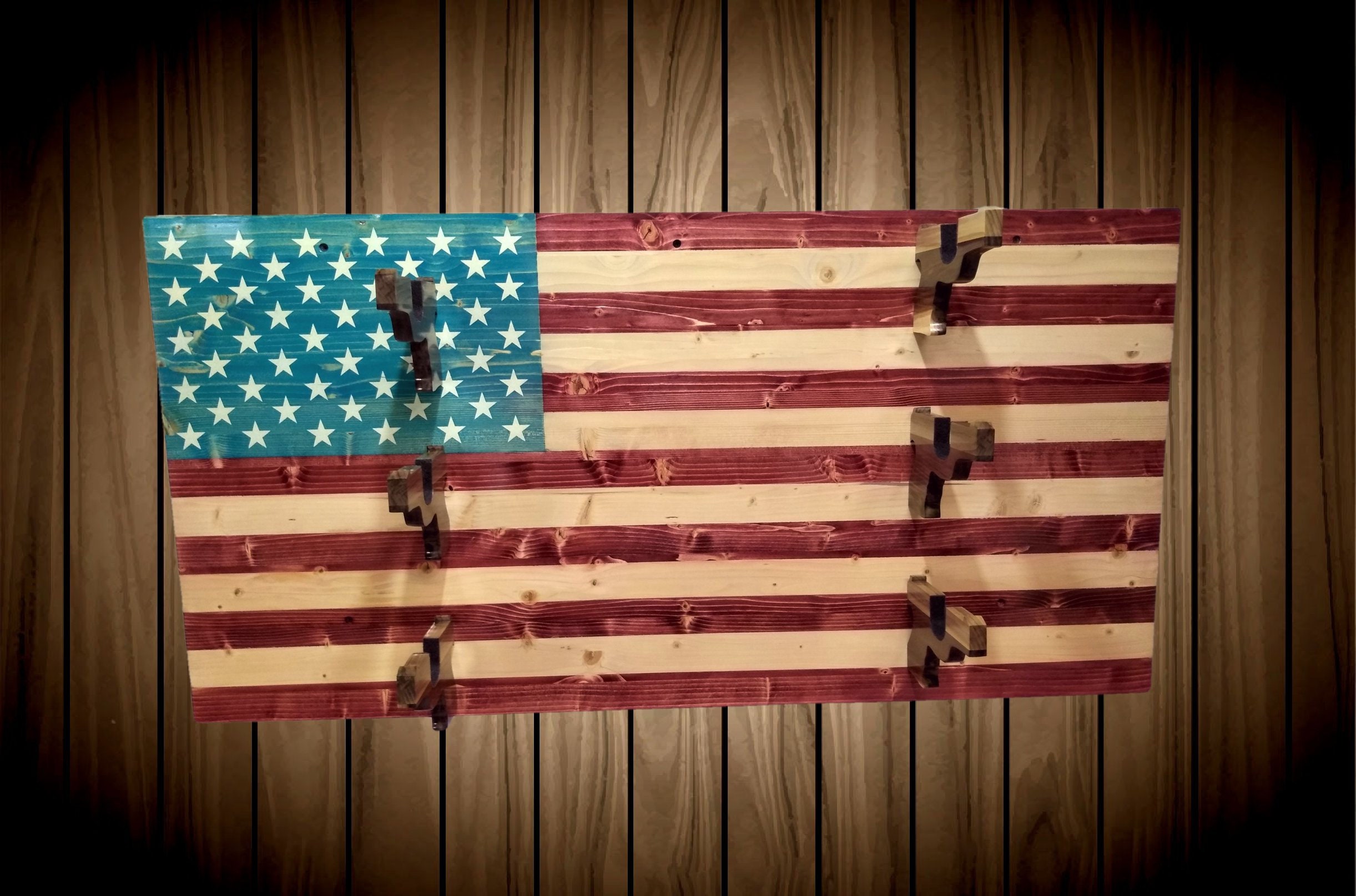 American Flag Gun Rack Pistol Hangers 3 Place Knotty Pine Wood Wall Mount Rifle Shotgun Muzzle