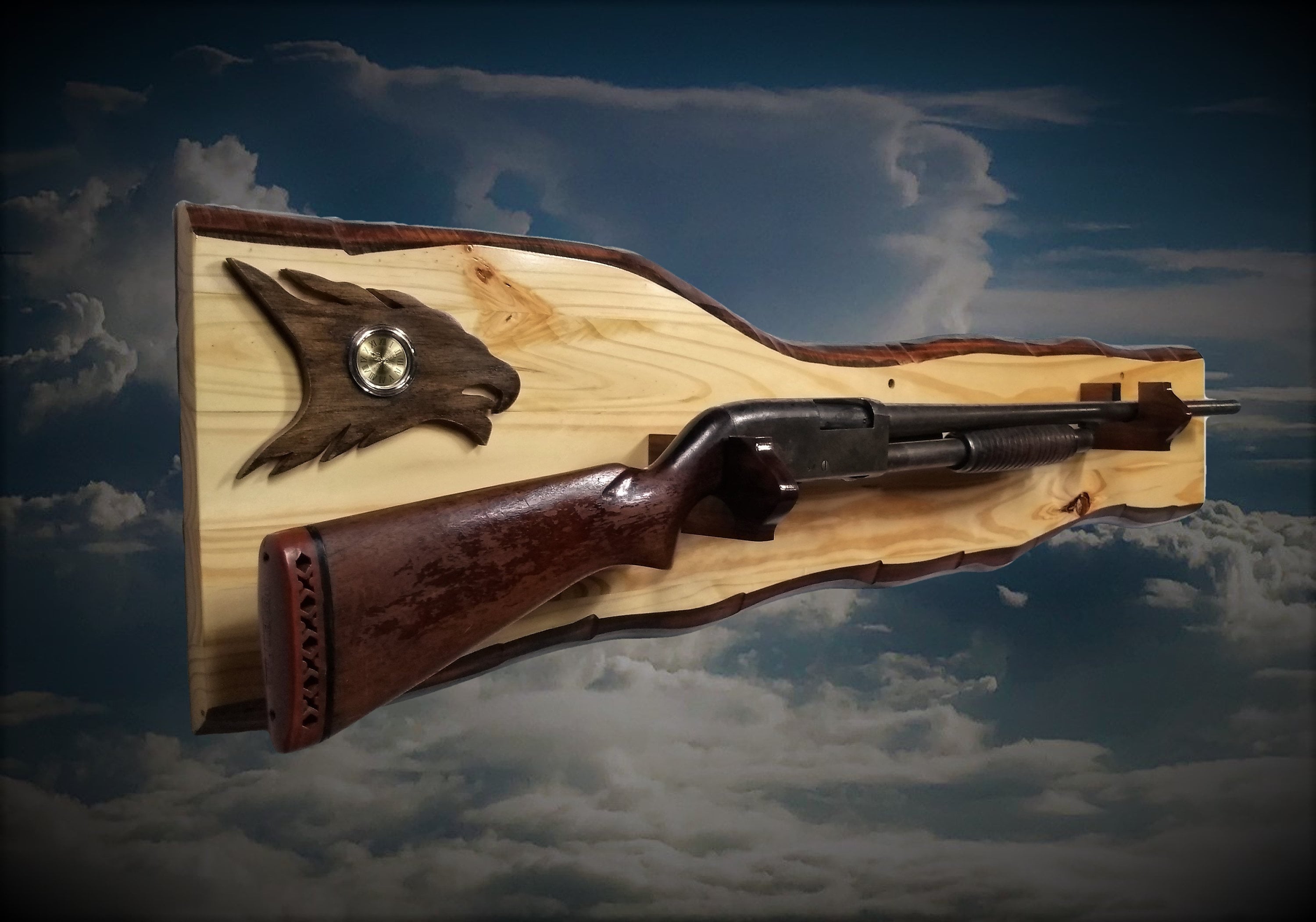 Eagle Head Gun Rack Rustic Knotty Pine Imitation Live Edge ...