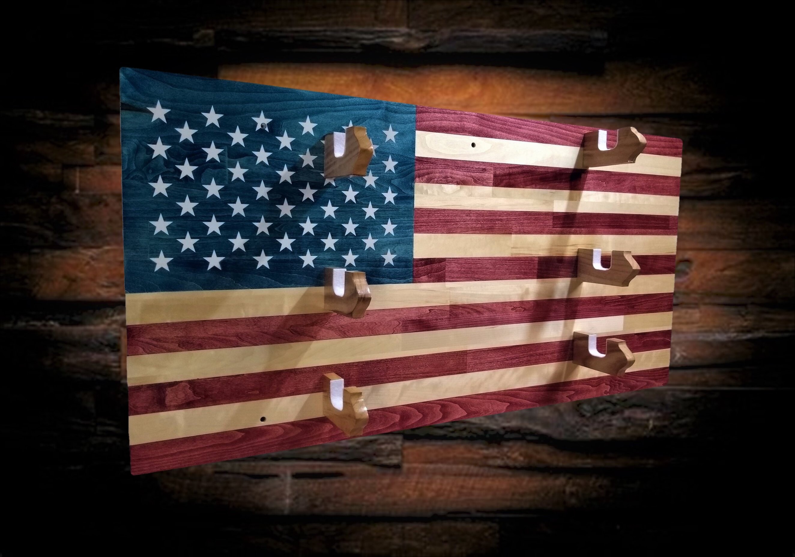American Flag Gun Rack 3 Place Aspen Wood Wall Mount Rifle Shotgun Muzzle Loader Handcrafted Man