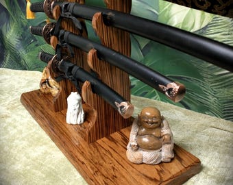 Unique Traditional 4-Tier Zebra Wood Katana and Wakizashi Sword Display Stand Collector