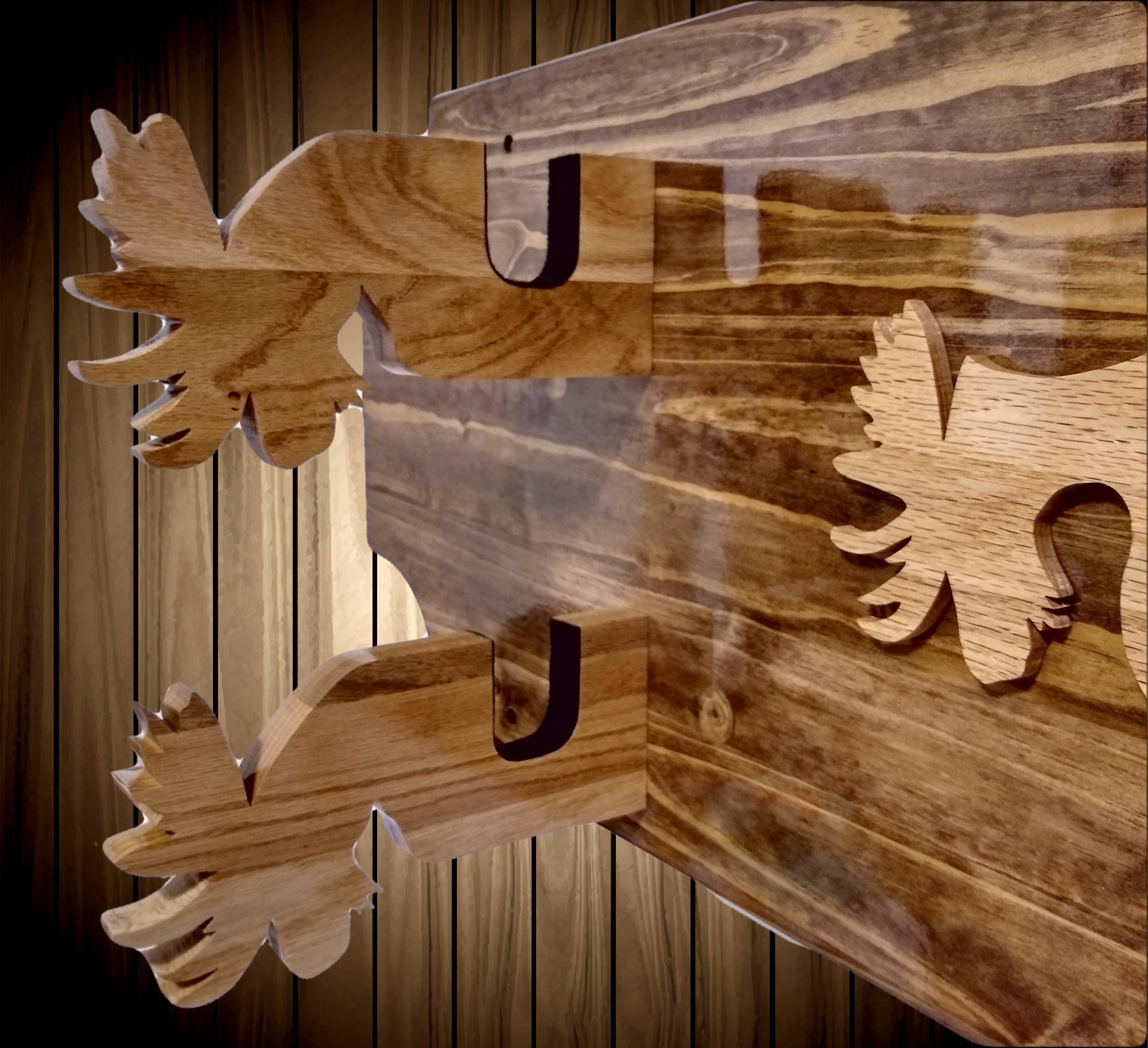2 Place Knotty Pine Gun Rack Wall Mount Moose Holders and Decor Shotgun Rifle Muzzle Loader ...