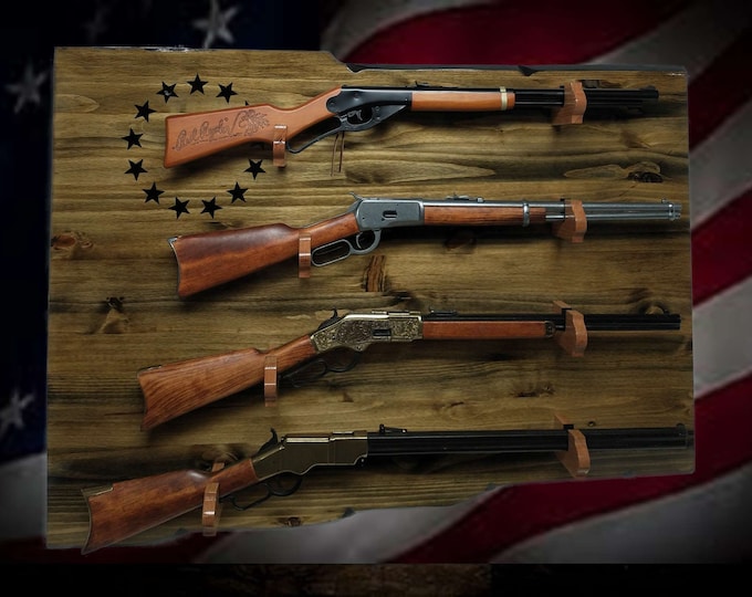 Unique Rustic 4 Place Lever Action Display Knotty Pine 13 Black Star Patriotic Collectors Gift