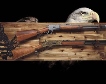 Handcrafted 2 Rifle Wall Display | Lever Action Gun Rack | Acacia Wood with Patriotic Eagle Flag
