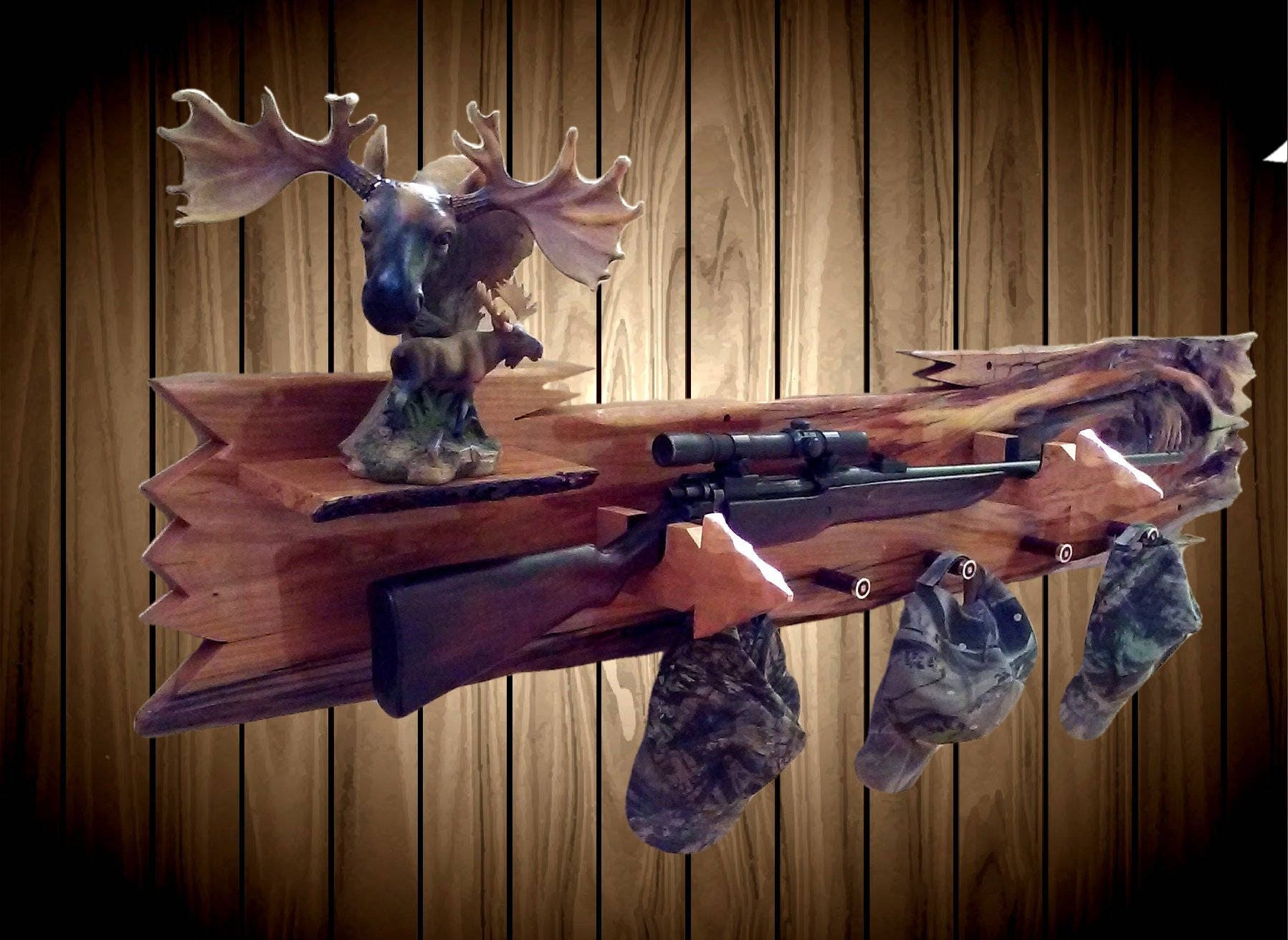 Rustic Live Edge Cherry Wood Wall Gun Rack Shelf Shotgun Shell Hat Coat