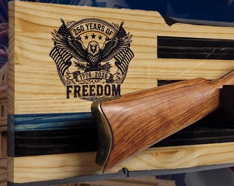 Rustic 250th Freedom USA Lever Action Gun Display Blue Line Faux Live Edge Pine