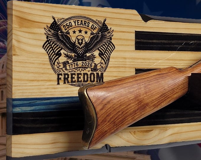 Rustic 250th Freedom USA Lever Action Gun Display Blue Line Faux Live Edge Pine