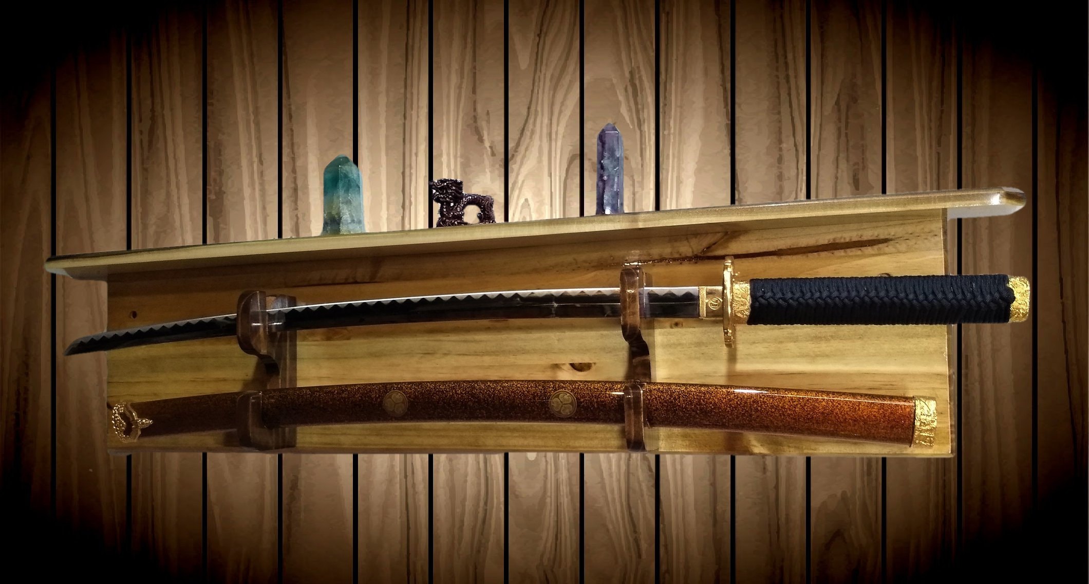 Knotty Pine Sword Display Rack, Wall Shelf, Military Saber Katana Blade and Sheath, Custom