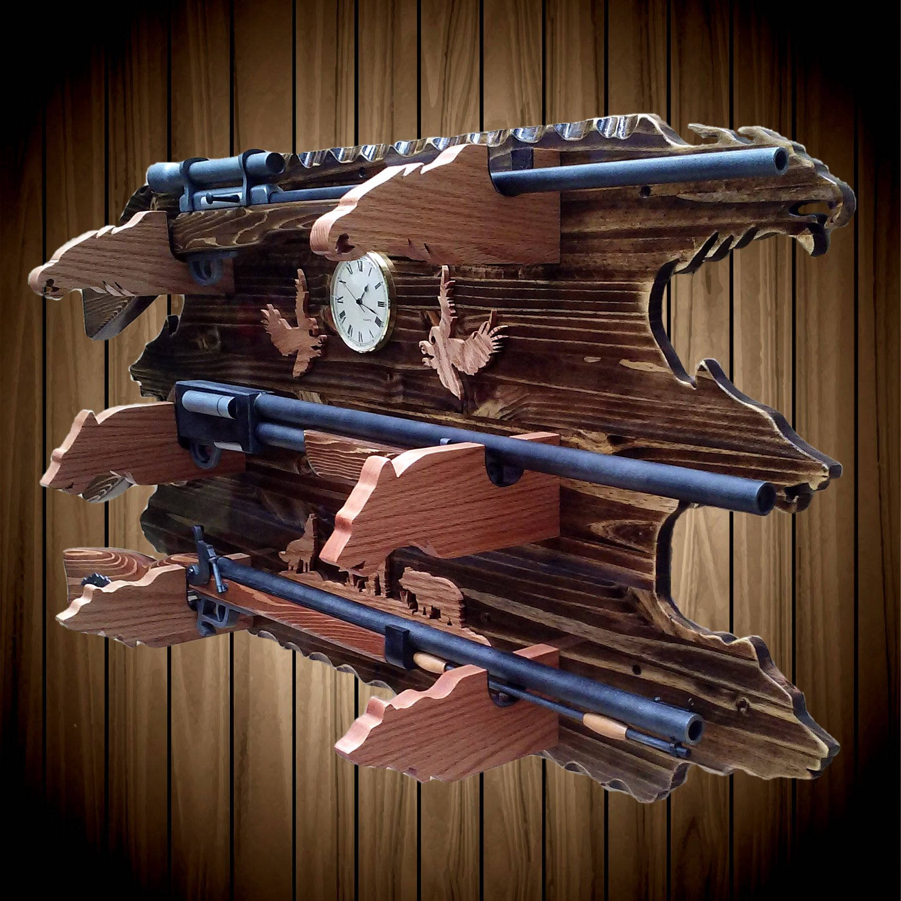 Knotty Pine Wood 3 Place Wall Gun Rack Walnut Finish Eagles Wolf Bears