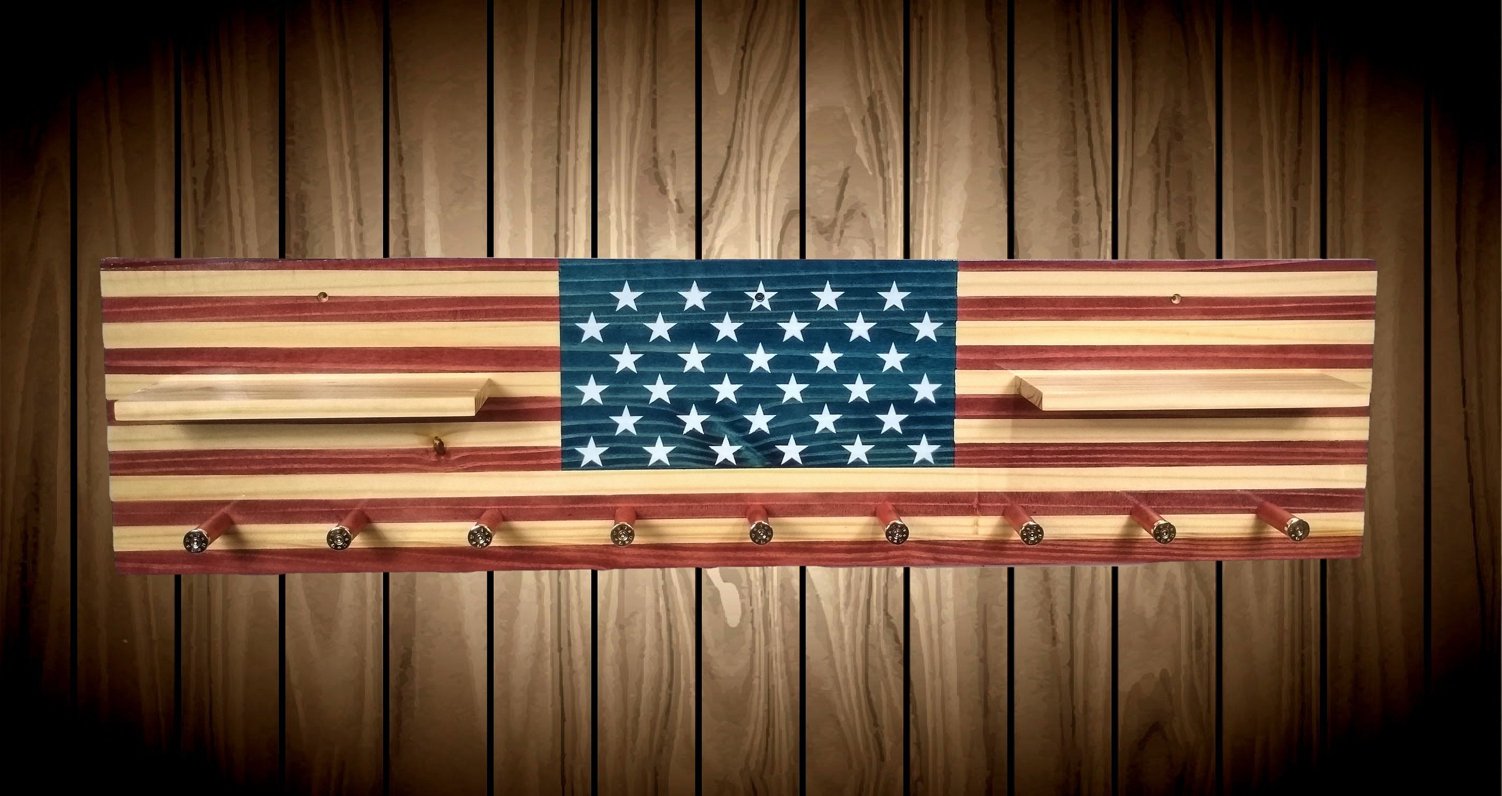 American Flag Coat Rack Shelf Wall Hanging 9 Shotgun Shell Pegs
