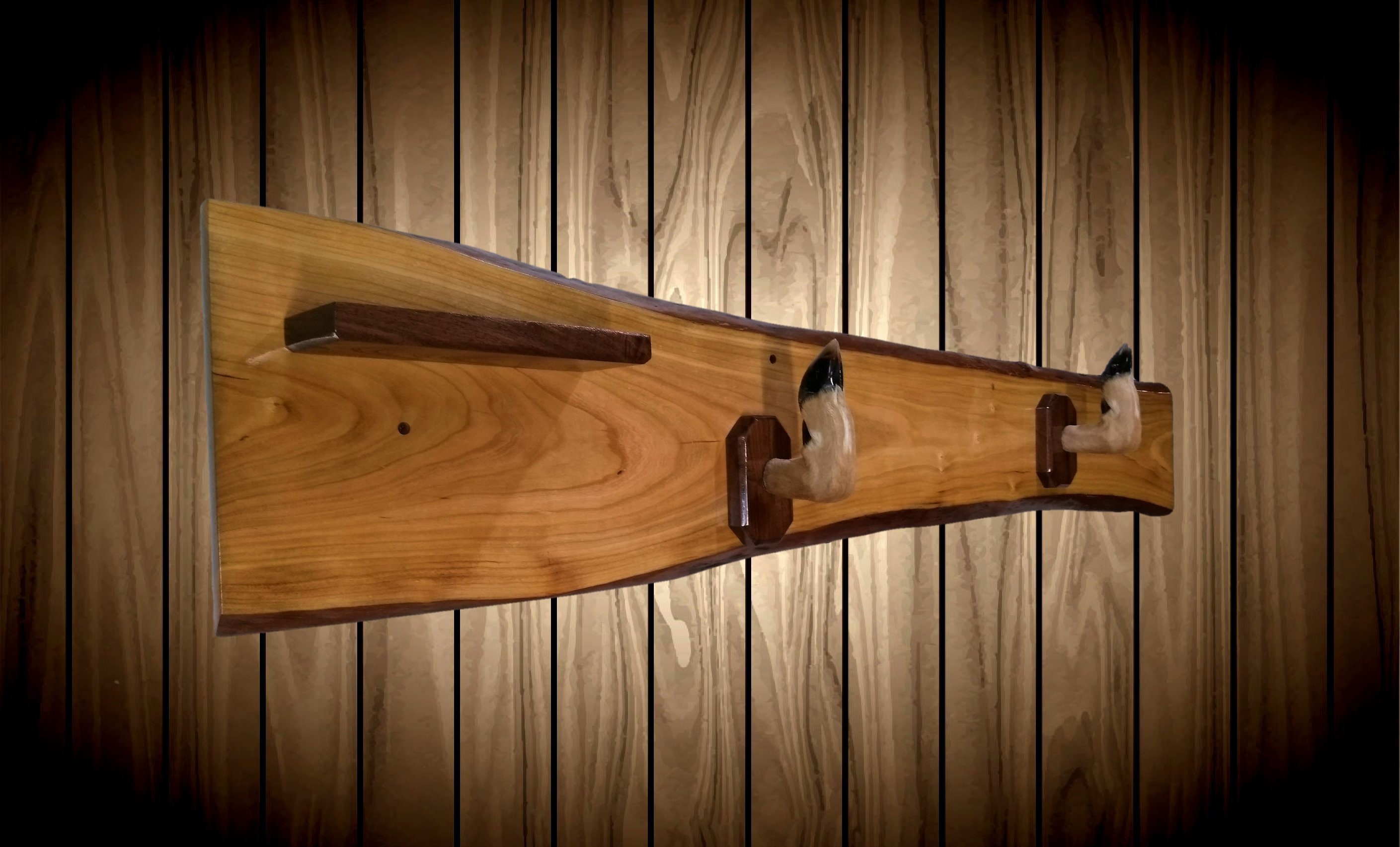 Rustic Gun Rack Live Edge Red Maple Small Shelf Deer Hoof Hangers Wall