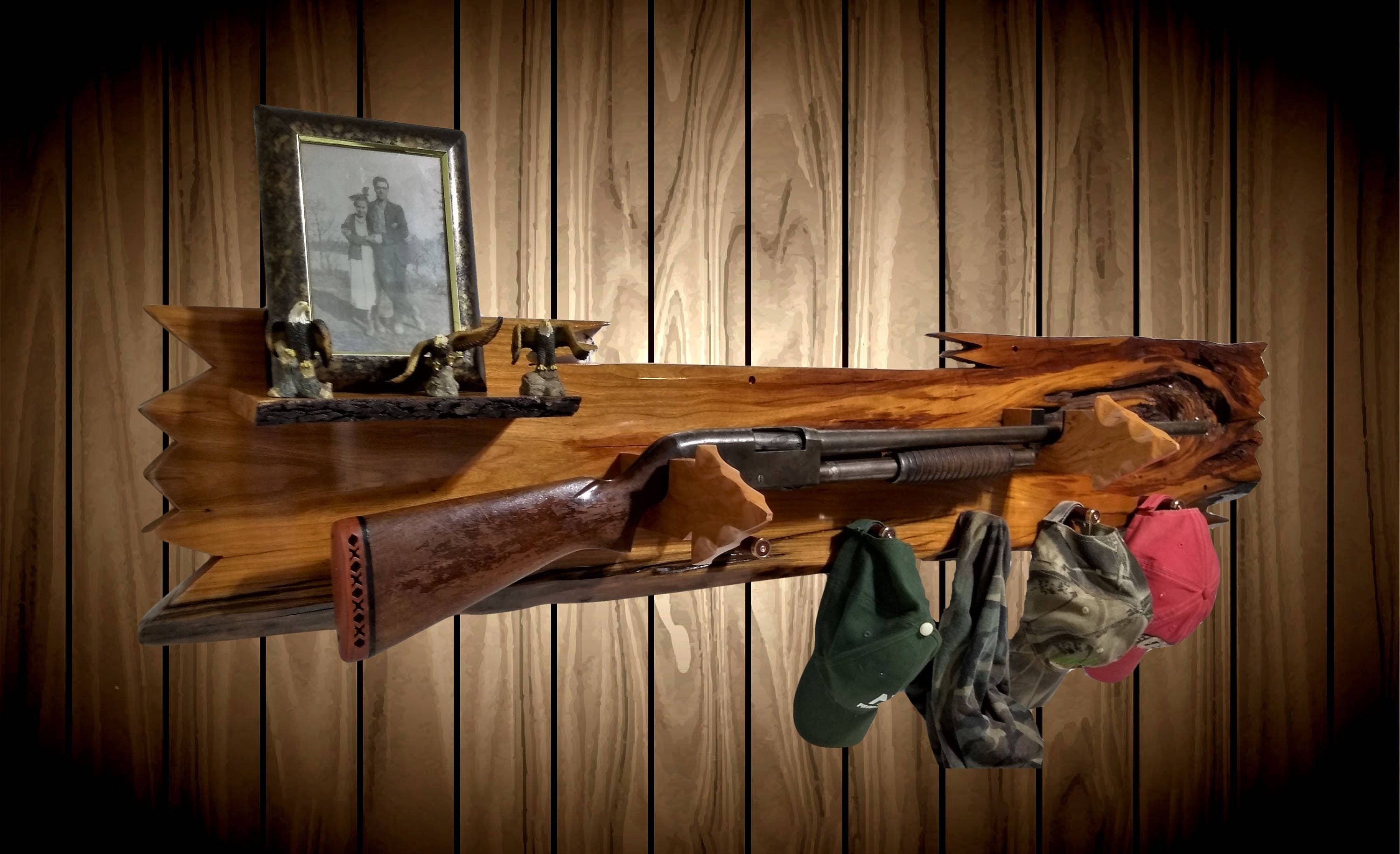 Rustic Live Edge Cherry Gun Rack Wall Mount Arrowhead Hangers Shelf