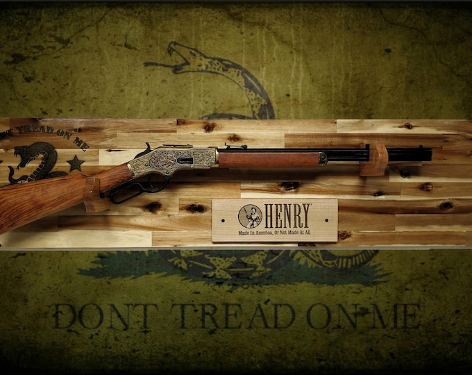 Traditional Don't Tread On Me Lever Action Henry Rifle Display Cabin Acacia Gun Rack Cabin Décor Collectors Gift